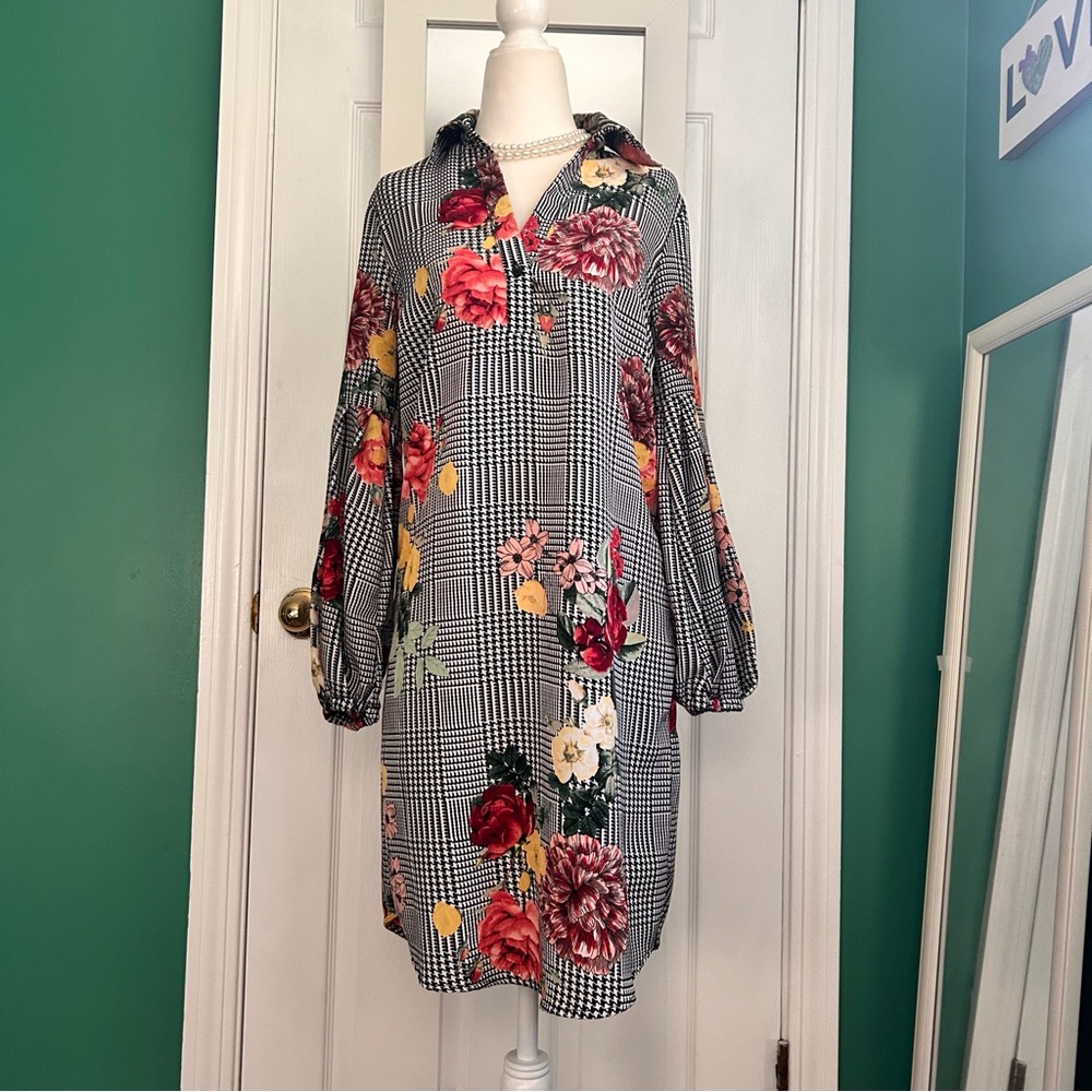 Spence Black/White Herringbone Plaid with Vibrant Florals Dress 4 NWT - Picture 7 of 13